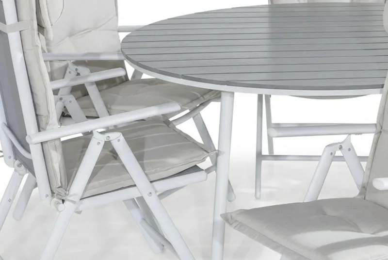 Tunis Spisegruppe 140 Rund + 6 Maggie Posisjonsstol m Pute - Hvit/Grå/Offwhite - Hagemøbler - Hagegruppe - Spisegrupper hage