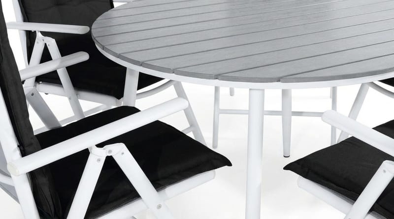 Tunis Spisegruppe 140 Rund + 6 Maggie Posisjonsstol m Pute - Hvit/Grå/Svart - Hagemøbler - Hagegruppe - Spisegrupper hage