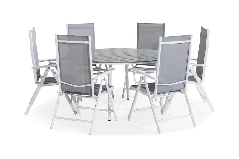 Tunis Spisegruppe 140 Rund + 6 Maggie Posisjonsstol - Hvit/Grå - Hagemøbler - Hagegruppe - Spisegrupper hage