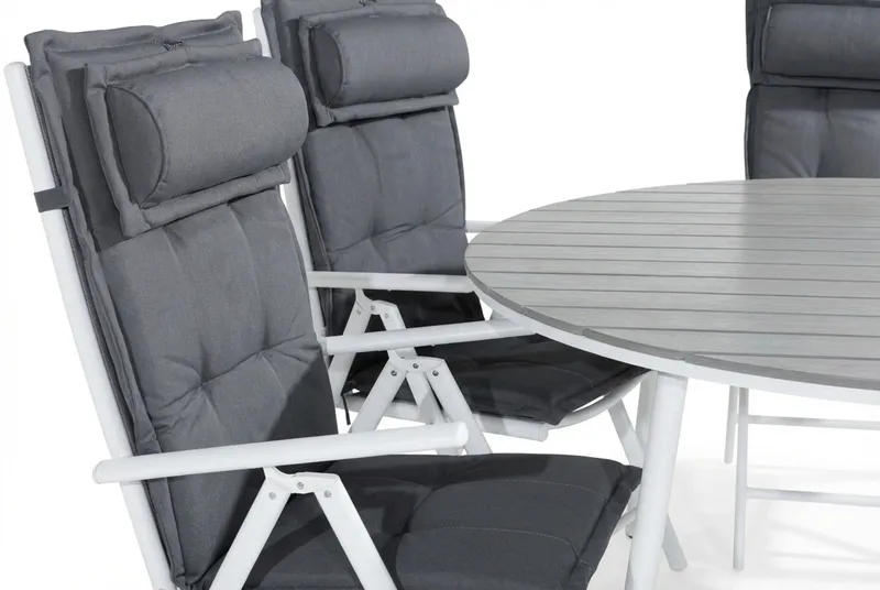 Tunis Spisegruppe 140 Rund + 6 Maggie Posisjonsstol m Pute - Hvit/Grå - Hagemøbler - Hagegruppe - Spisegrupper hage