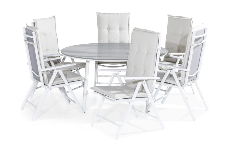 Tunis Spisegruppe 140 Rund + 6 Maggie Posisjonsstol m Pute, Hvit/Grå/Offwhite