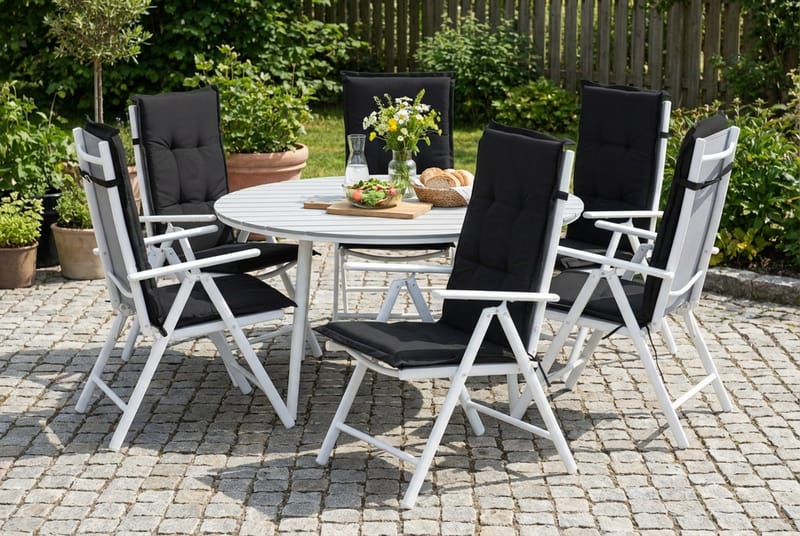 Tunis Spisegruppe 140 Rund + 6 Maggie Posisjonsstol m Pute - Hvit/Grå/Svart - Hagemøbler - Hagegruppe - Spisegrupper hage