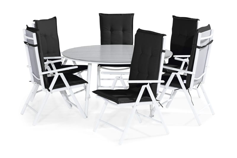 Tunis Spisegruppe 140 Rund + 6 Maggie Posisjonsstol m Pute, Hvit/Grå/Svart