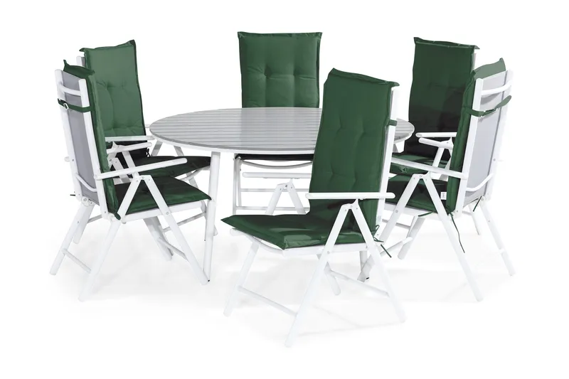 Tunis Spisegruppe 140 Rund + 6 Maggie Posisjonsstol m Pute - Hvit/Grå/Grønn - Hagemøbler - Hagegruppe - Spisegrupper hage
