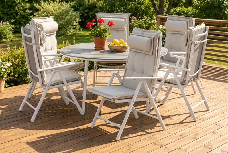 Tunis Spisegruppe 140 Rund + 6 Maggie Posisjonsstol m Pute - Hvit/Grå/Offwhite - Hagemøbler - Hagegruppe - Spisegrupper hage