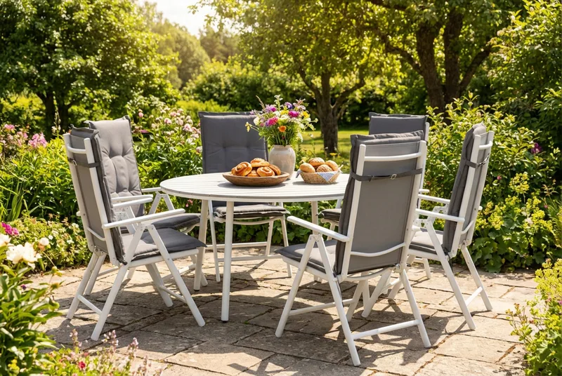 Tunis Spisegruppe 140 Rund + 6 Maggie Posisjonsstol m Pute - Hvit/Grå - Hagemøbler - Hagegruppe - Spisegrupper hage