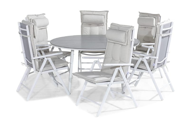 Tunis Spisegruppe 140 Rund + 6 Maggie Posisjonsstol m Pute, Hvit/Grå/Offwhite