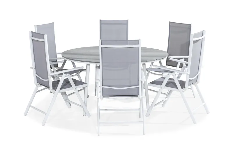 Tunis Spisegruppe 140 Rund + 6 Maggie Posisjonsstol, Hvit/Grå