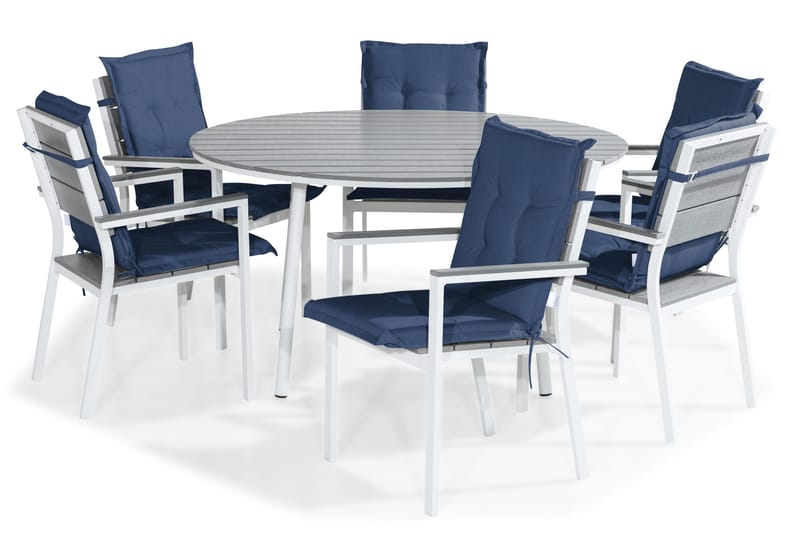 Tunis Spisegruppe 140 Rund + 6 Stablestoler m Pute, Hvit/Grå/Blå