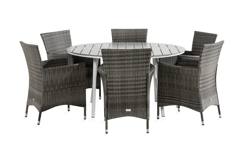 Tunis Spisegruppe 140 Rund + 6 Thor Lenestol, Hvit/Grå