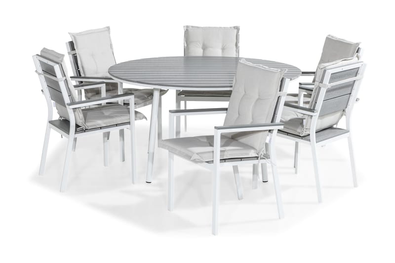 Tunis Spisegruppe 140 Rund + 6 Tunis Stablestol m Pute - Hvit/Grå/Offwhite - Hagemøbler - Hagegruppe - Spisegrupper hage