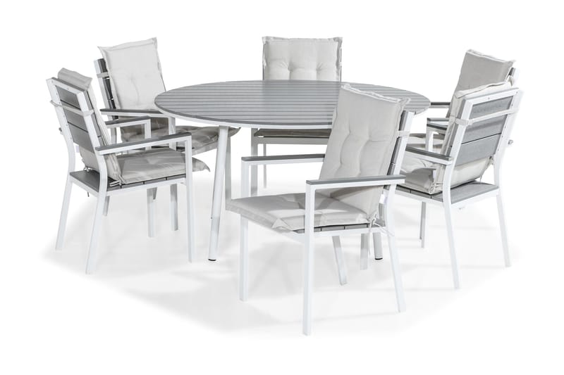 Tunis Spisegruppe 140 Rund + 6 Tunis Stablestol m Pute, Hvit/Grå/Offwhite