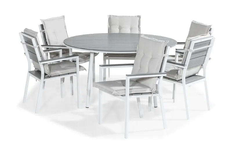 Tunis Spisegruppe 140 Rund + 6 Tunis Stablestol m Pute, Hvit/Grå/Offwhite