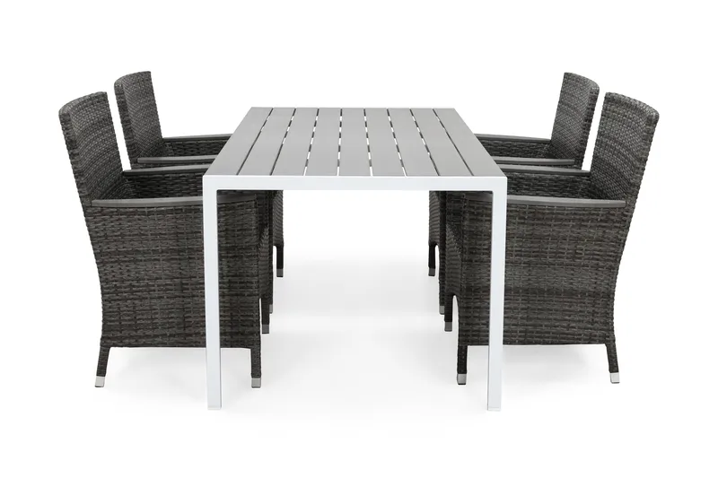 Tunis Spisegruppe 150+4 Thor Stoler Lyx m Armlener, Hvit/Grå/Aintwood