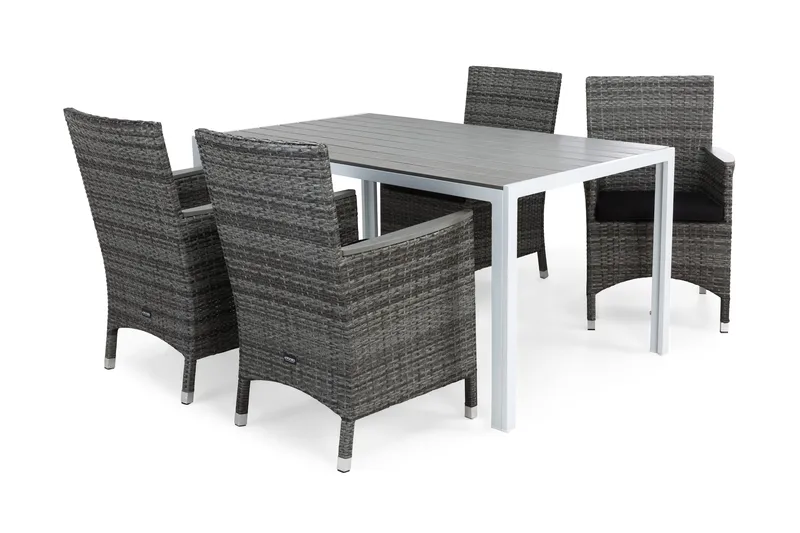 Tunis Spisegruppe 150+4 Thor Stoler Lyx m Armlener+Puter, Hvit/Grå/Aintwood/Svart