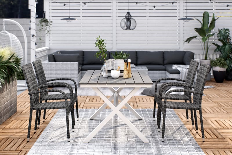 Tunis Spisegruppe 150 cm + 4 Thor Light Lenestoler m Pute - Svart/Grå - Hagemøbler - Hagegruppe - Spisegrupper hage