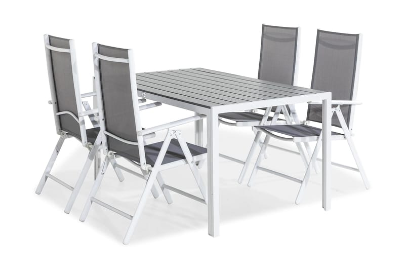 Tunis Spisegruppe 150x90 + 4 Maggie Posisjonsstol - Hvit/Grå - Hagemøbler - Hagegruppe - Spisegrupper hage
