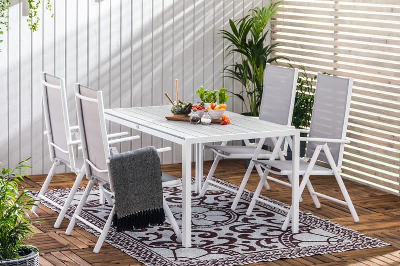 Tunis Spisegruppe 150x90 + 4 Maggie Posisjonsstol m Pute - Hvit/Grå/Svart - Hagemøbler - Hagegruppe - Spisegrupper hage
