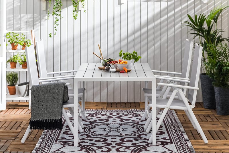 Tunis Spisegruppe 150x90 + 4 Maggie Posisjonsstol - Hvit/Grå - Hagemøbler - Hagegruppe - Spisegrupper hage