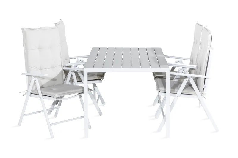 Tunis Spisegruppe 150x90 + 4 Maggie Posisjonsstol m Pute, Hvit/Grå/Offwhite