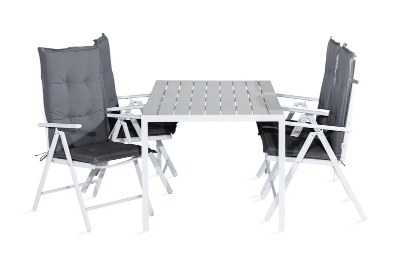 Tunis Spisegruppe 150x90 + 4 Maggie Posisjonsstol m Pute, Hvit/Grå