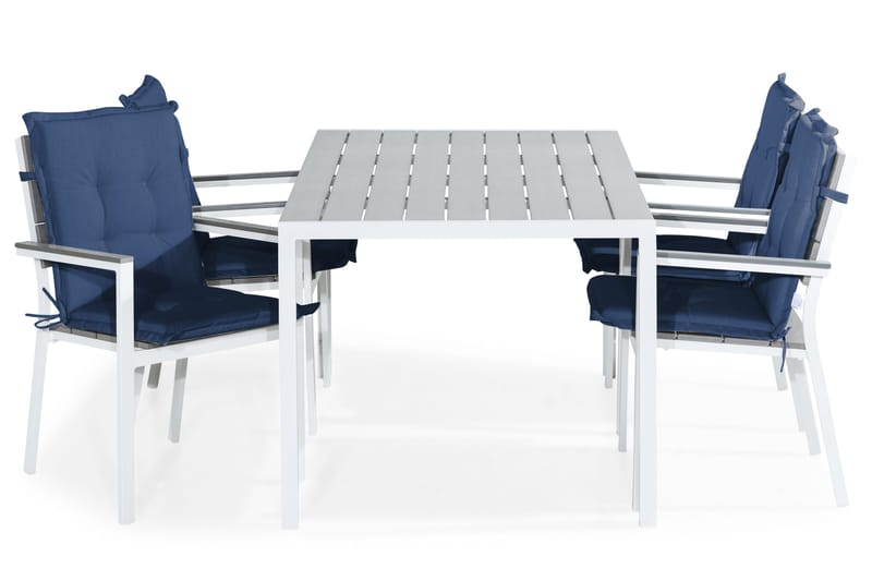 Tunis Spisegruppe 150x90 + 4 Stablestoler m Pute, Hvit/Grå/Blå