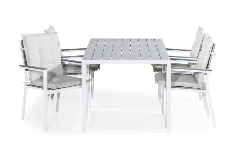 Tunis Spisegruppe 150x90 + 4 Tunis Stablestol m Pute, Hvit/Grå/Offwhite