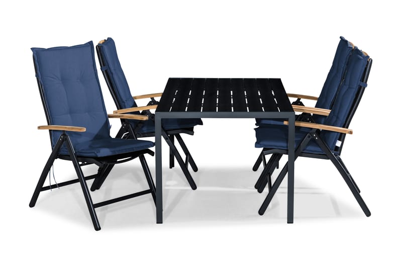 Tunis Spisegruppe 150x90+4 Las Vegas Lyx Posisjonsstol Pute - Svart/Teak/Blå - Hagemøbler - Hagegruppe - Spisegrupper hage