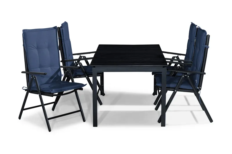 Tunis Spisegruppe 152-210x90 + 4 Maggie Posisjonsstol m Pute - Svart/Blå - Hagemøbler - Hagegruppe - Spisegrupper hage
