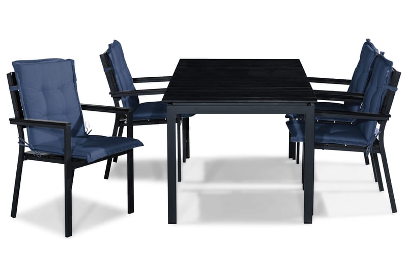 Tunis Spisegruppe 152-210x90 + 4 Stablestoler m Pute, Svart/Blå
