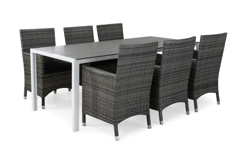 Tunis Spisegruppe 205 + 6 Thor Lenestol Lyx m Armlene m Pute - Hvit/Grå/Aintwood/Svart - Hagemøbler - Hagegruppe - Spisegrupper hage