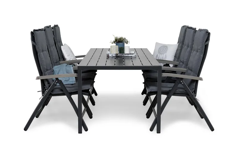 Tunis Spisegruppe 205+6 Monaco Lyx Posisjonsstoler+Puter - Svart/Grå - Hagemøbler - Hagegruppe - Spisegrupper hage