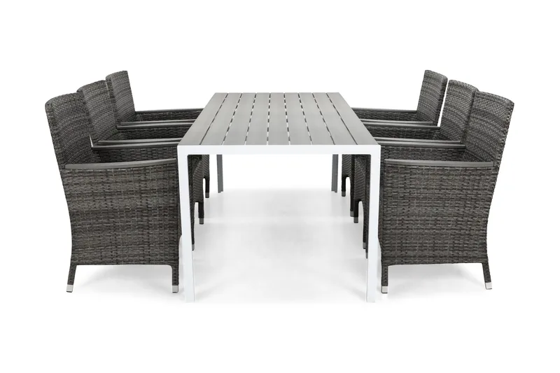 Tunis Spisegruppe 205+6 Thor Stoler Lyx m Armlener, Hvit/Grå/Aintwood