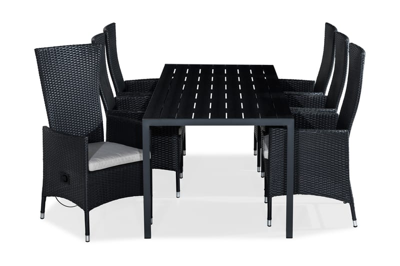 Tunis Spisegruppe 205x90 + 6 Jenny Stol Stillbar m Pute - Svart/Offwhite - Hagemøbler - Hagegruppe - Spisegrupper hage