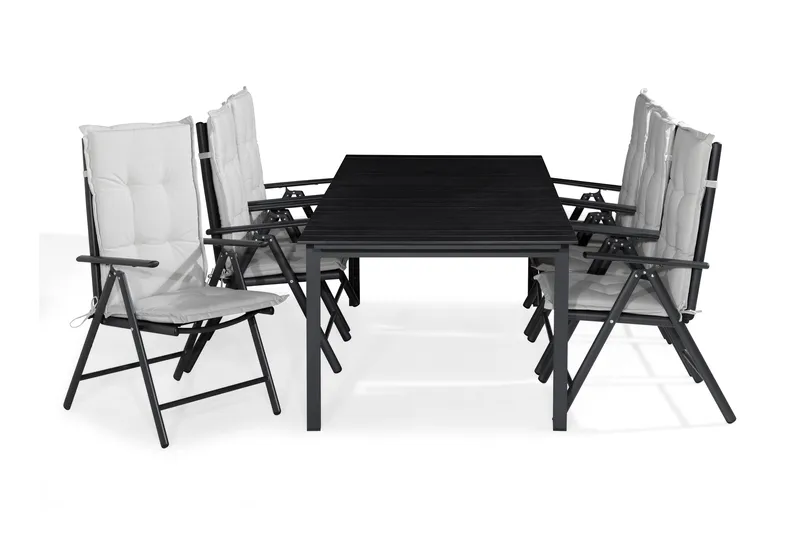 Tunis Spisegruppe 205x90 + 6 Maggie Posisjonsstol m Pute, Svart/Offwhite