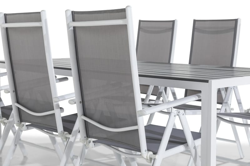 Tunis Spisegruppe 205x90 + 6 Maggie Posisjonsstol - Hvit/Grå - Hagemøbler - Hagegruppe - Spisegrupper hage