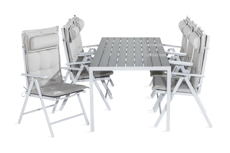Tunis Spisegruppe 205x90 + 6 Maggie Posisjonsstol m Pute - Hvit/Grå/Offwhite - Hagemøbler - Hagegruppe - Spisegrupper hage