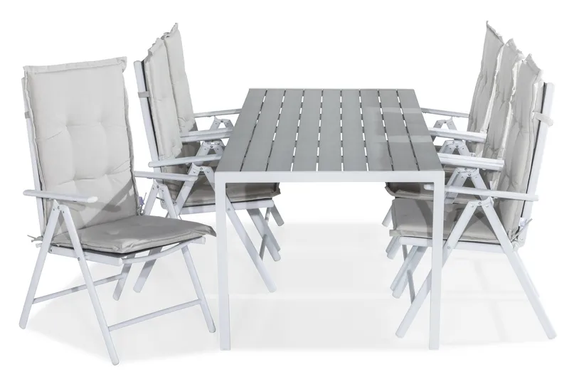 Tunis Spisegruppe 205x90 + 6 Maggie Posisjonsstol m Pute, Hvit/Grå/Offwhite