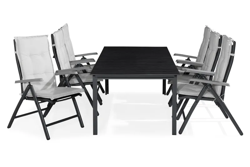 Tunis Spisegruppe 205x90 + 6 Monaco Lyx Posisjonsstol m Pute, Svart/Grå/Offwhite