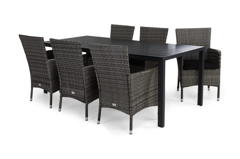 Tunis Spisegruppe 205x90 + 6 Thor Stoler m Pute, Svart/Grå