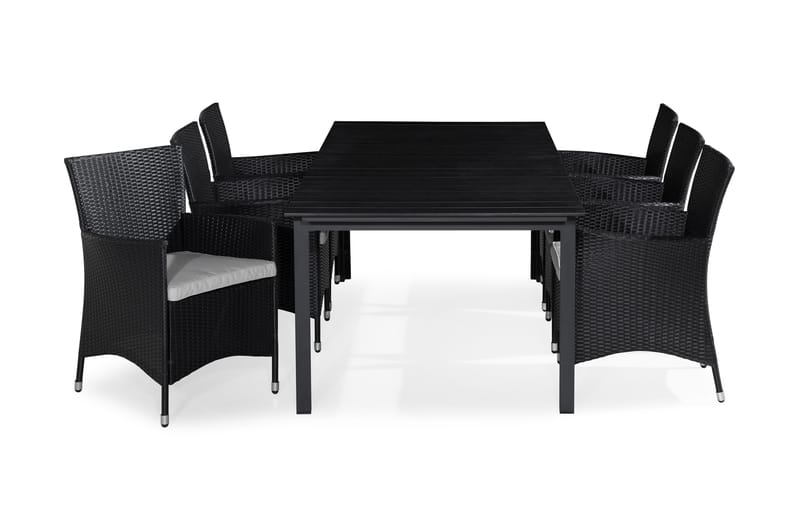 Tunis Spisegruppe 205x90 + 6 Thor Stoler m Pute - Svart/Grå - Hagemøbler - Hagegruppe - Spisegrupper hage
