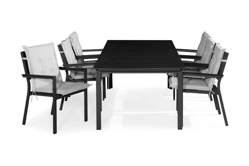 Tunis Spisegruppe 205x90 + 6 Tunis Stablestol m Pute - Svart/Offwhite - Hagemøbler - Hagegruppe - Spisegrupper hage
