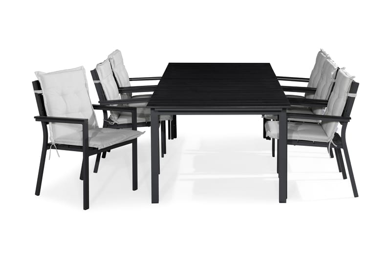 Tunis Spisegruppe 205x90 + 6 Tunis Stablestol m Pute, Svart/Offwhite