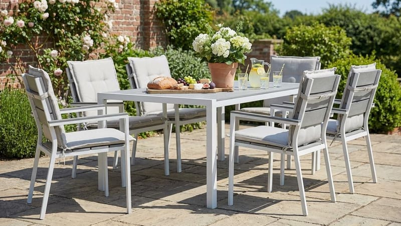 Tunis Spisegruppe 205x90 + 6 Tunis Stablestol m Pute - Hvit/Grå/Offwhite - Hagemøbler - Hagegruppe - Spisegrupper hage