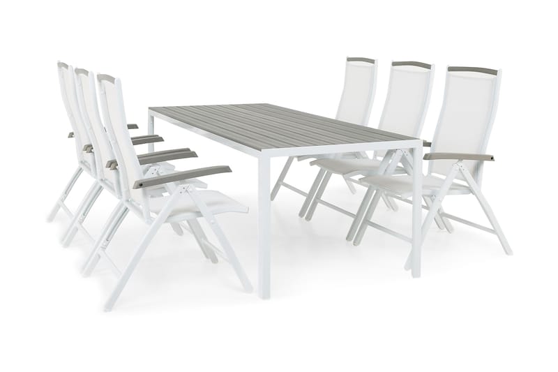 Tunis Spisegruppe 205x90 cm + 6 Monaco Lyx Posisjonsstoler - Hvit - Hagemøbler - Hagegruppe - Spisegrupper hage