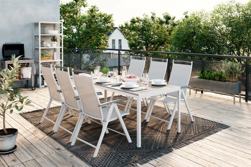 Tunis Spisegruppe 205x90 cm + 6 Monaco Lyx Posisjonsstoler - Hvit - Hagemøbler - Hagegruppe - Spisegrupper hage