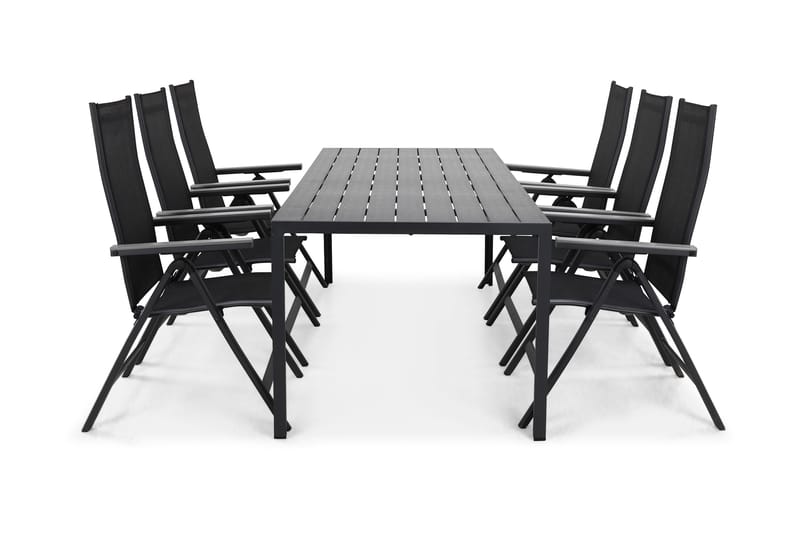 Tunis Spisegruppe 205x90 cm + 6 Monaco Posisjonsstoler - Svart/Grå - Hagemøbler - Hagegruppe - Spisegrupper hage