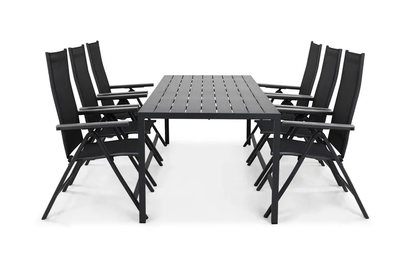 Tunis Spisegruppe 205x90 cm + 6 Monaco Posisjonsstoler, Svart/Grå