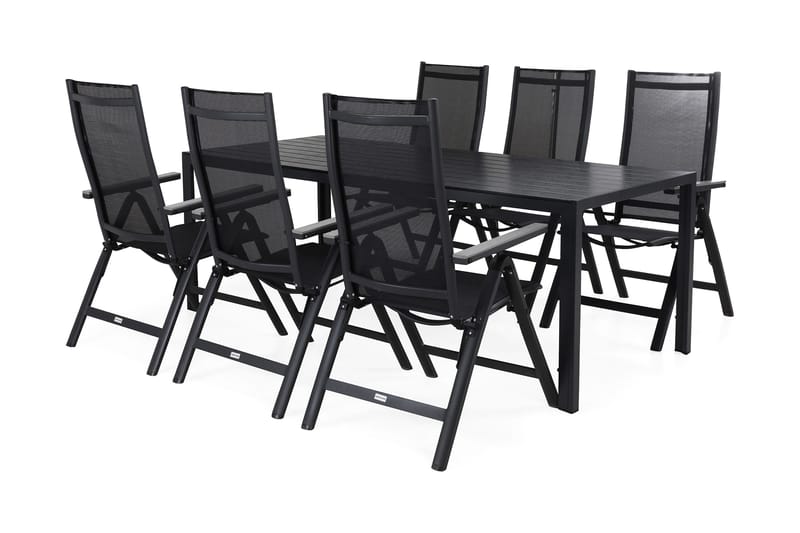 Tunis Spisegruppe 205x90 cm + 6 Monaco Posisjonsstoler - Svart/Grå - Hagemøbler - Hagegruppe - Spisegrupper hage