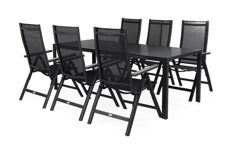 Tunis Spisegruppe 205x90 cm + 6 Monaco Posisjonsstoler - Svart/Grå - Hagemøbler - Hagegruppe - Spisegrupper hage